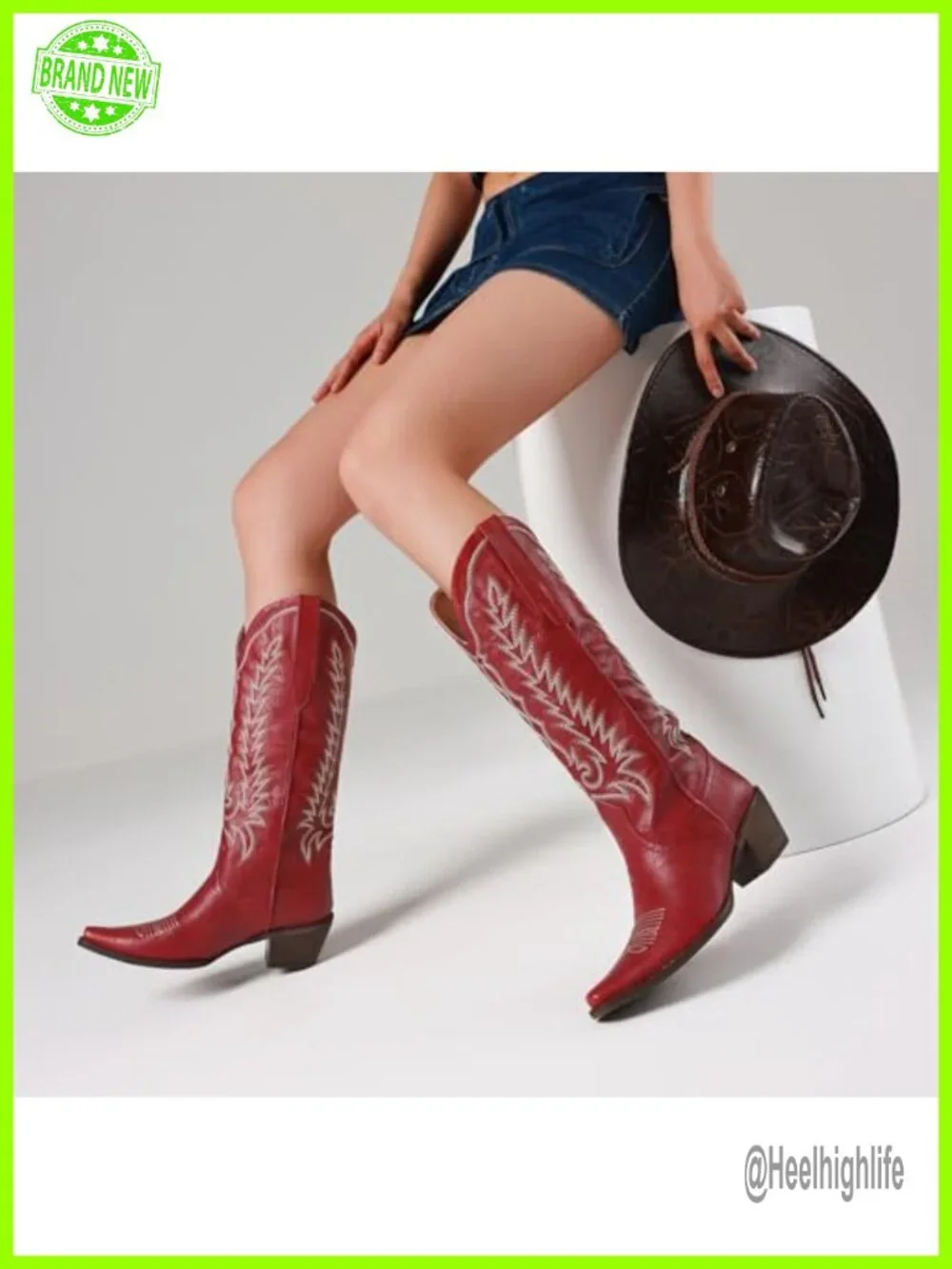 Embroidered Western Knee High Cowboy Boots Chunky Heel Pointed Toe Pull On